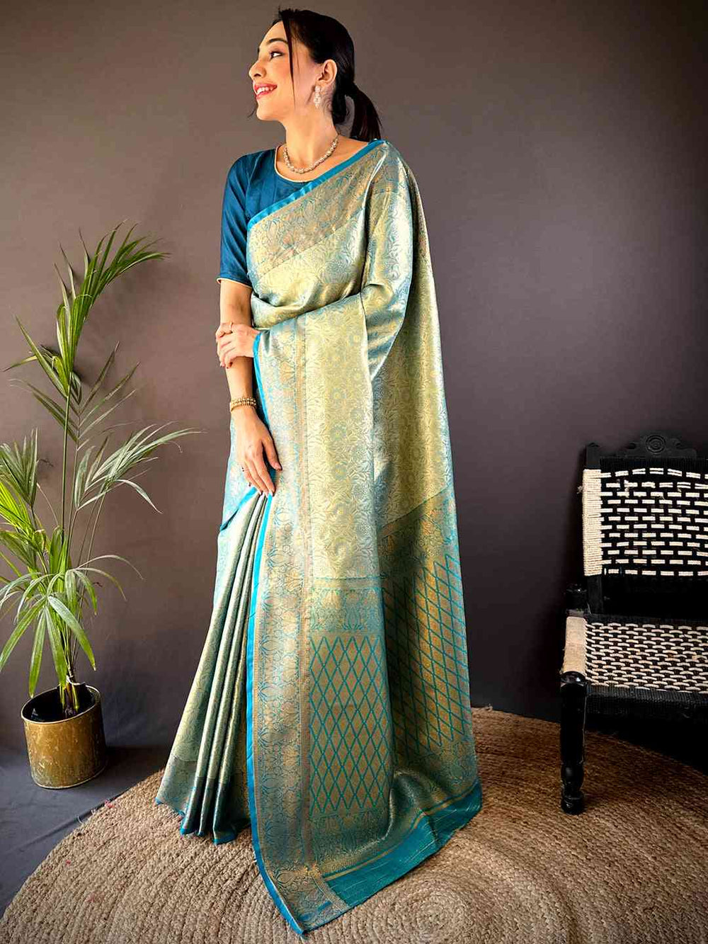 Gold Zari Floral Saree in Rama