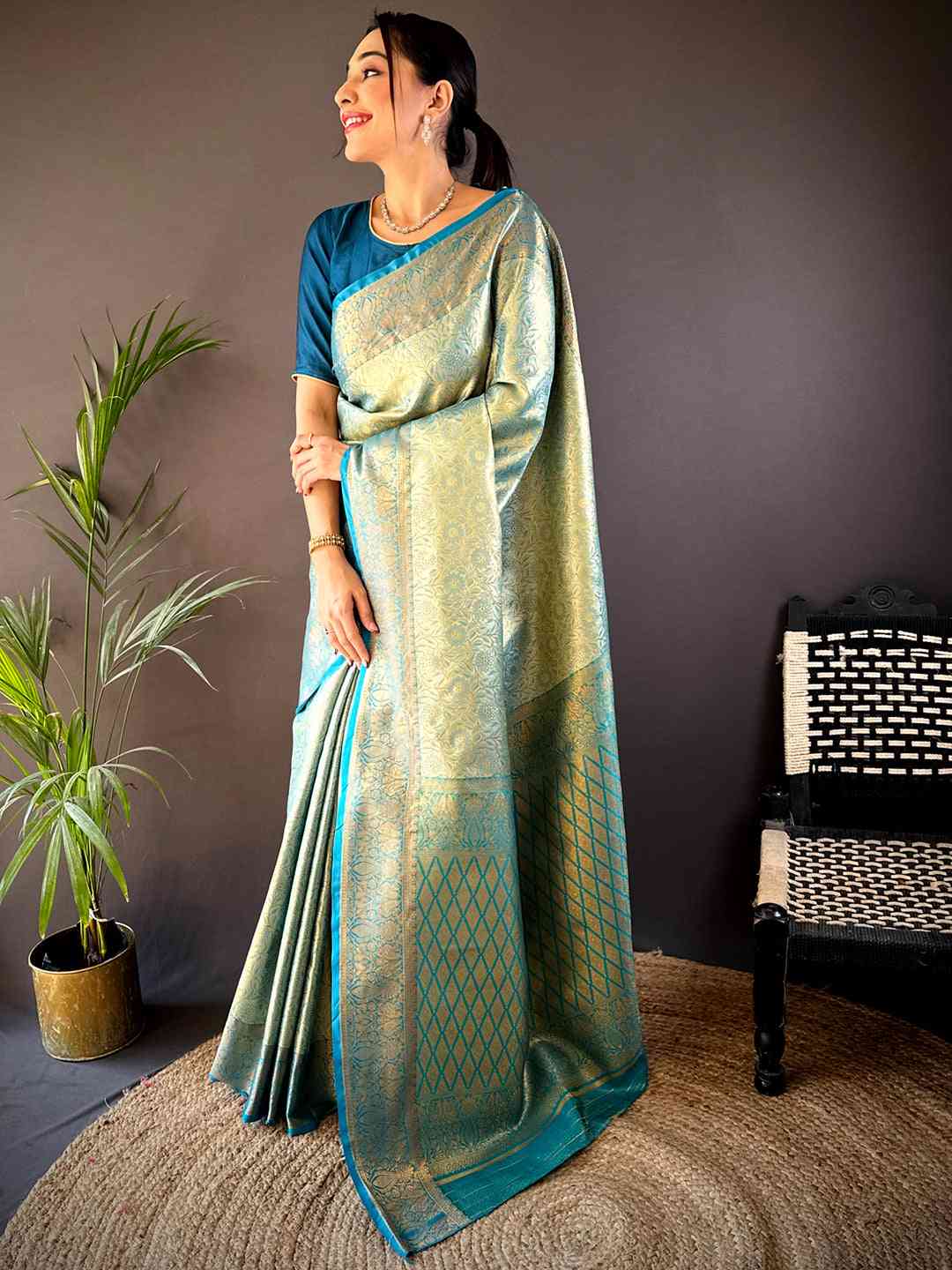Gold Zari Floral Saree in Rama