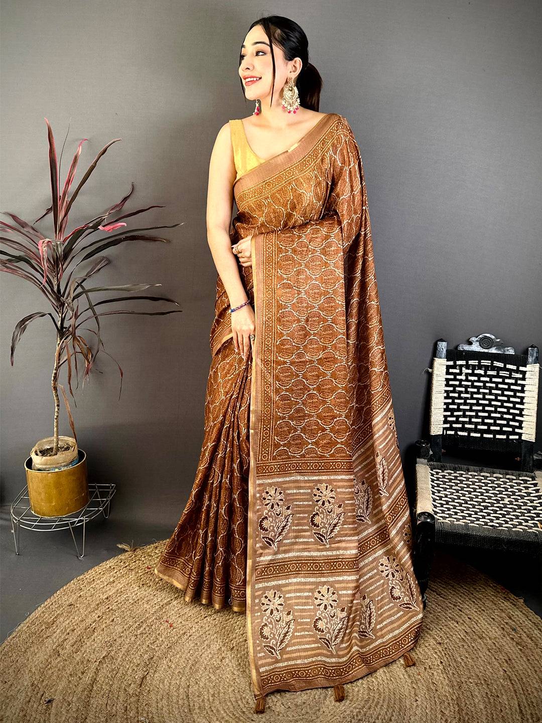 Coffee Brown Ajrakh Digital Print Kota Saree