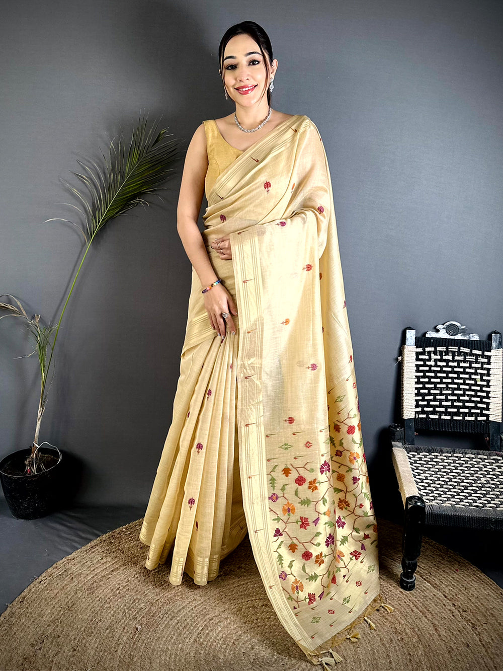 Cream Geometric Patola Khadi Linen Saree