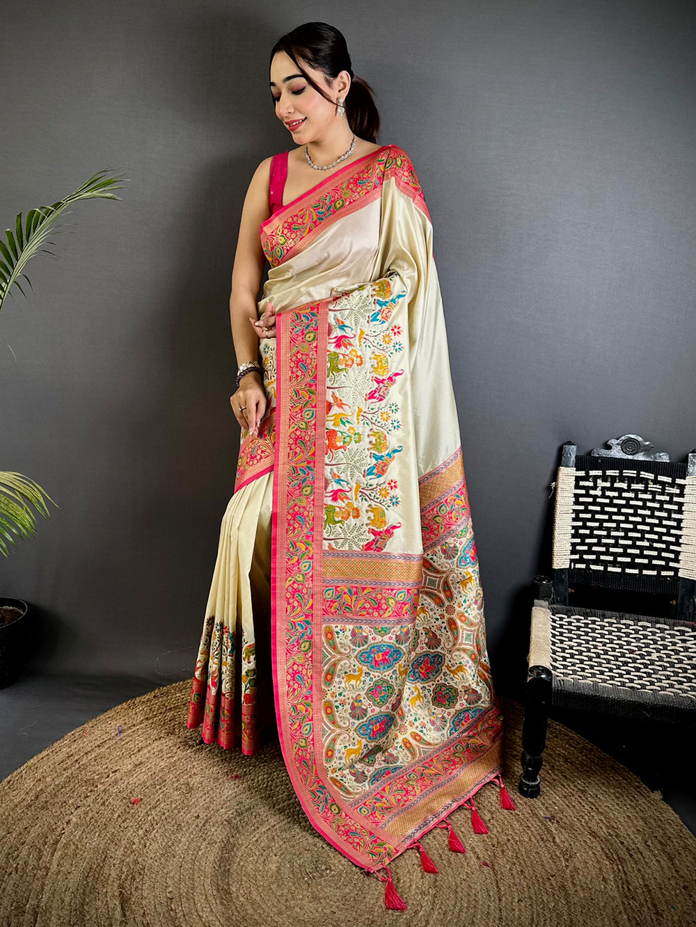 Cream Soft Semi Silk Minakari Weave Saree
