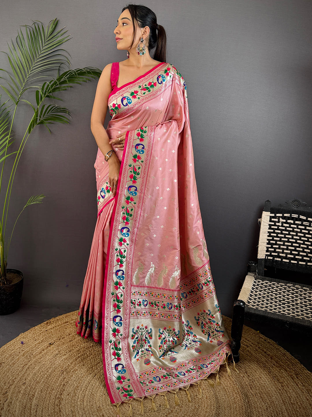 Baby Pink Soft Silk Paithani Meenakari Saree With Maggam Blouse