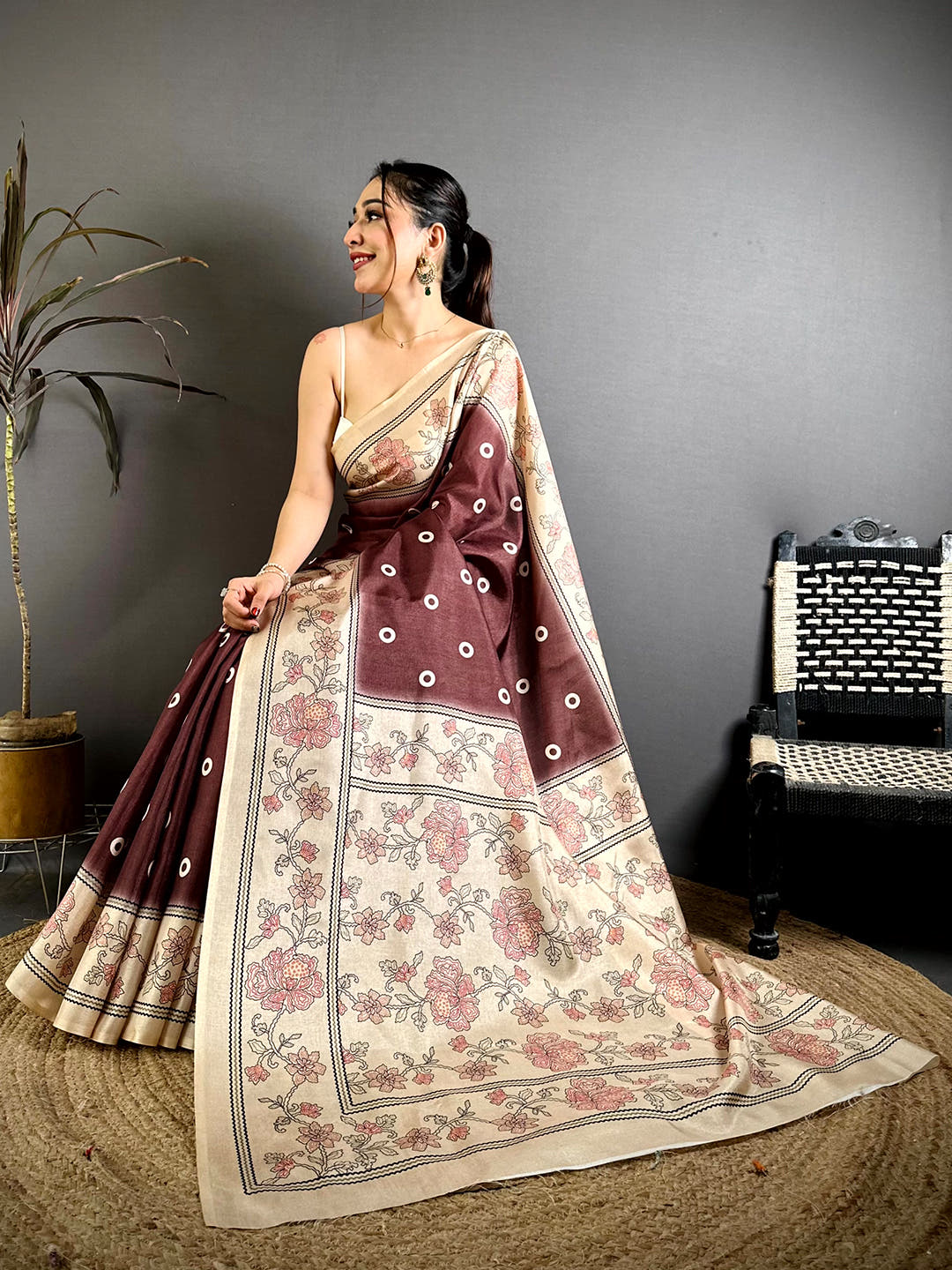 Stylish Tussar Polka Dot Floral Print Saree