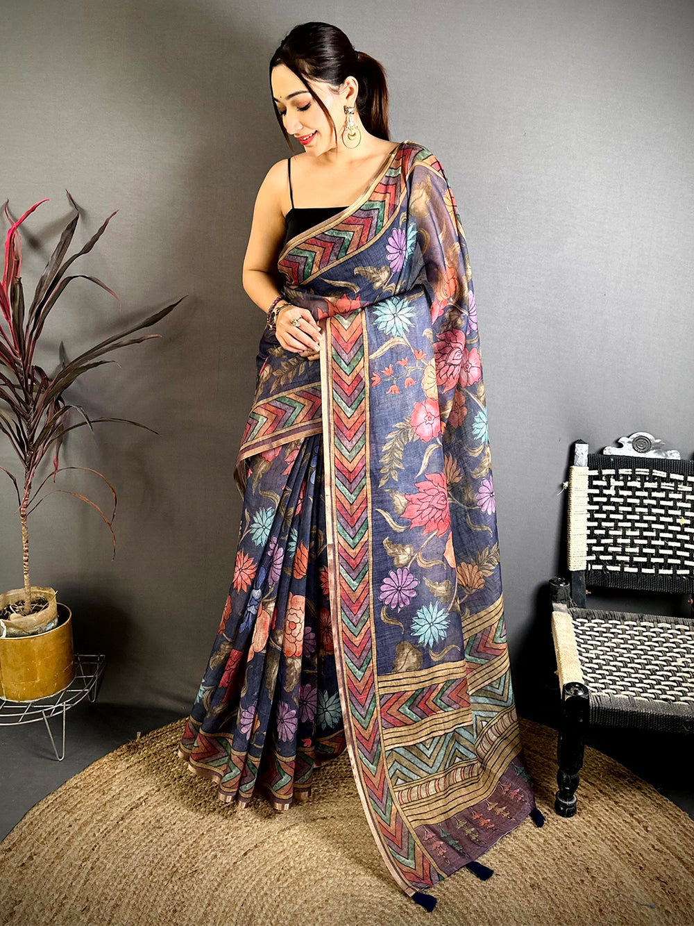 Purple Kalamkari Linen Chanderi Saree