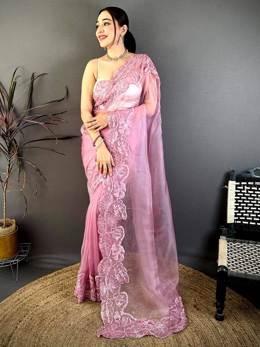 Stylish Heavy Pearl Work Organza Saree