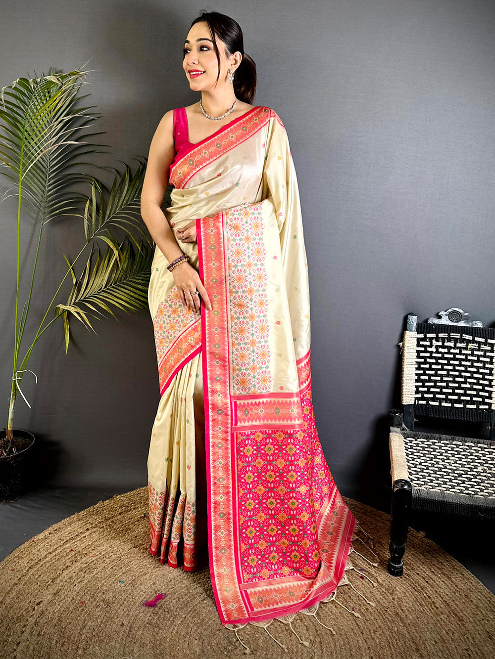 Cream Double Ikat Soft Silk Saree