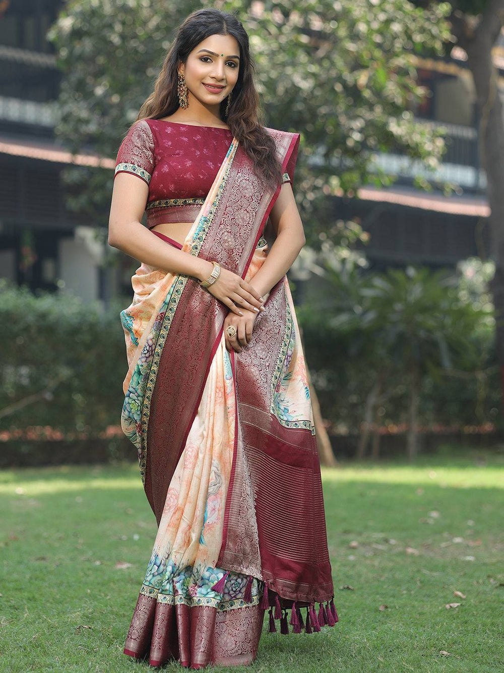 Peach Colour Phulkari Design Zari Weaving Pallu Saree
