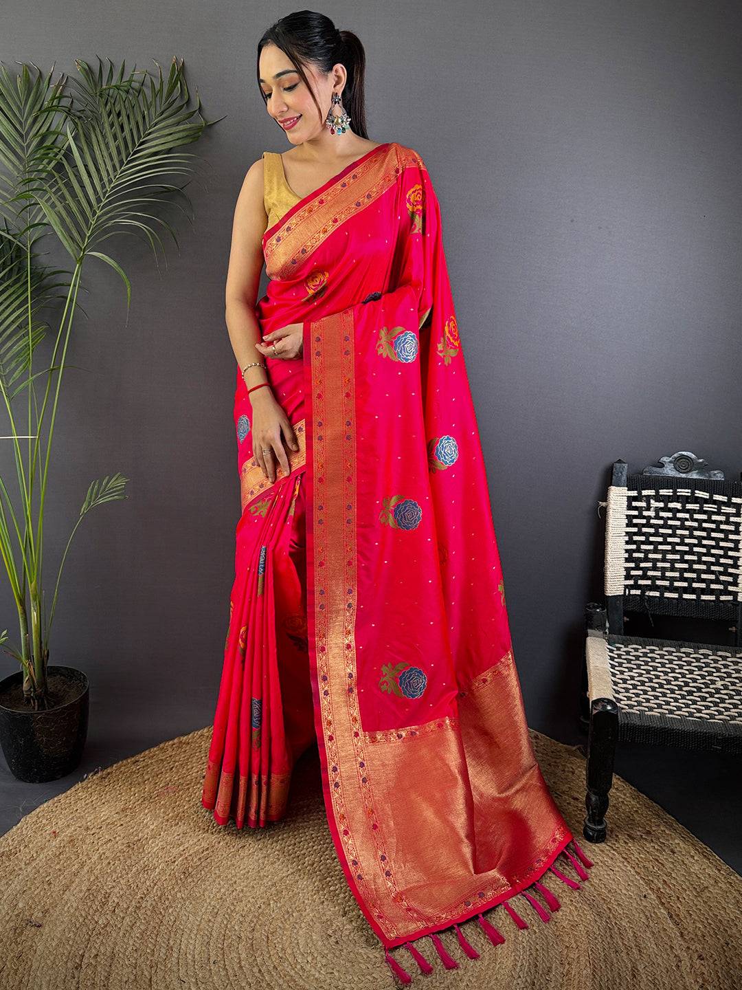 Pink Soft Silk Flowerport Minakari Saree

