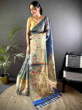 Blue Ombre Zari Tissue Digital Print Saree