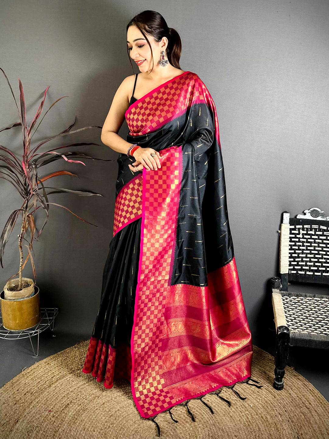 Black Soft Katan Silk Gold Zari Weave Saree