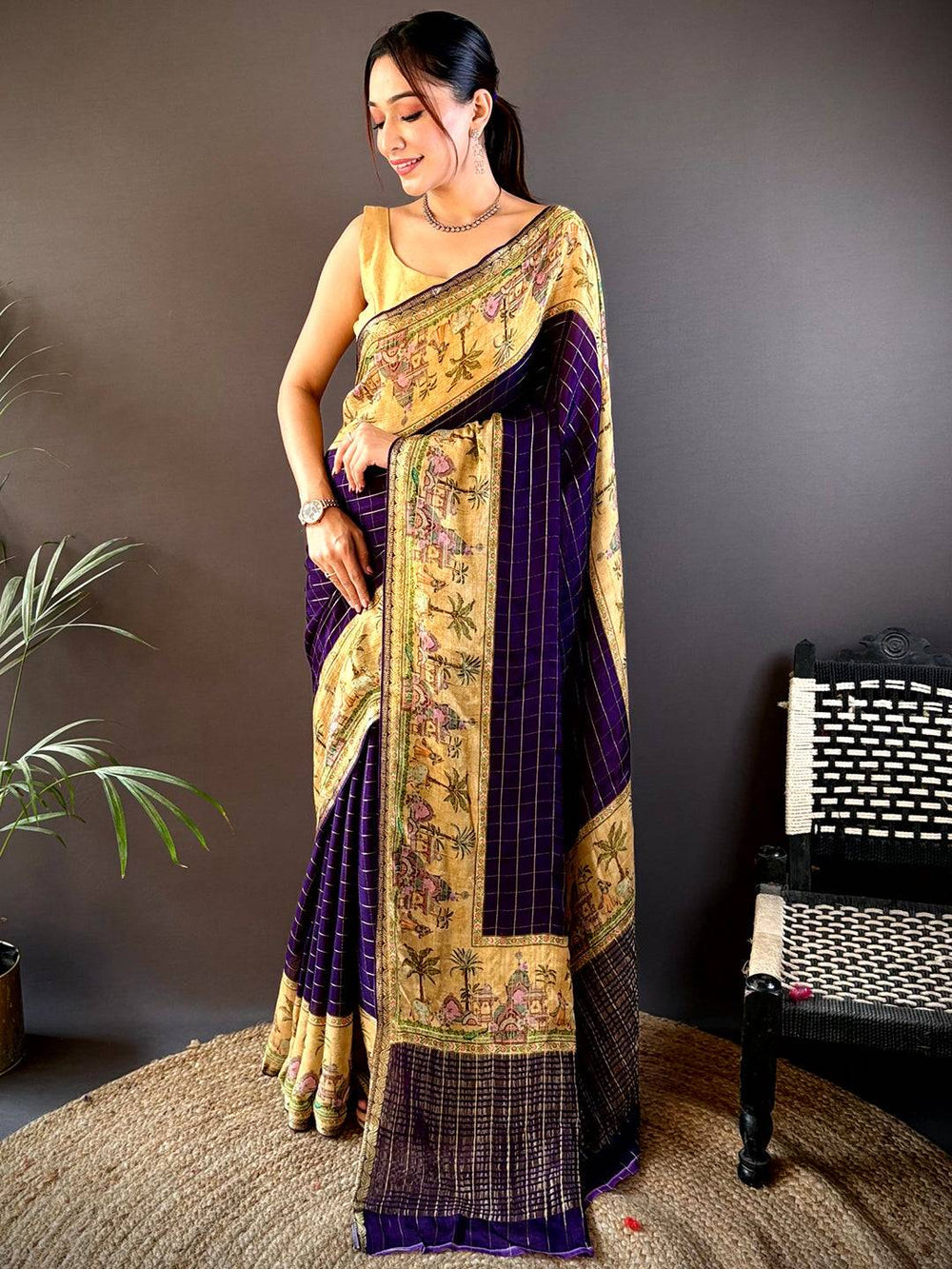Purple Chinnon Chiffon Kalamkari Saree