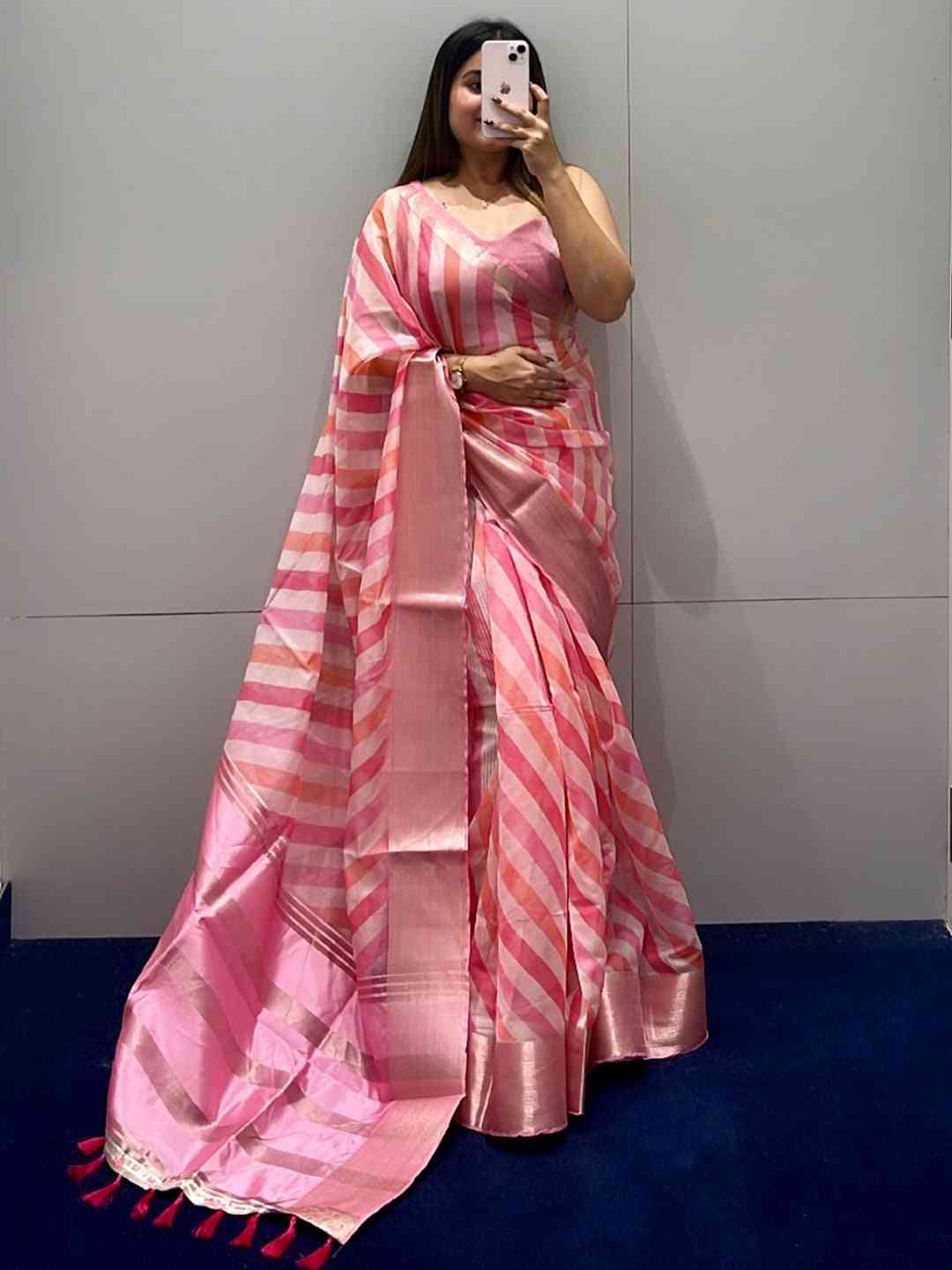 Soft organza leheriya digital print saree in pink hues
