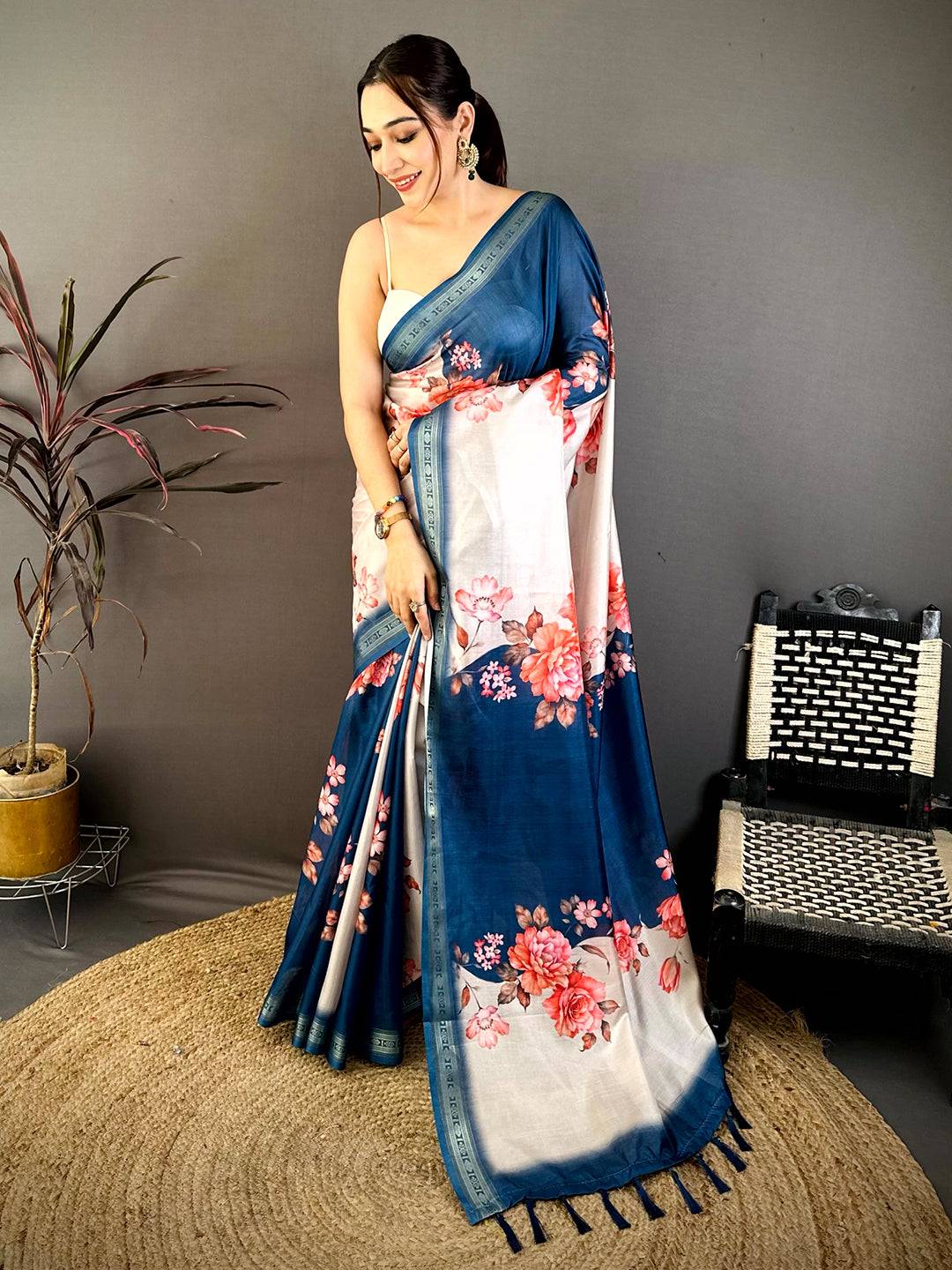 Blue Soft Silk Floral Lehriya Print Saree