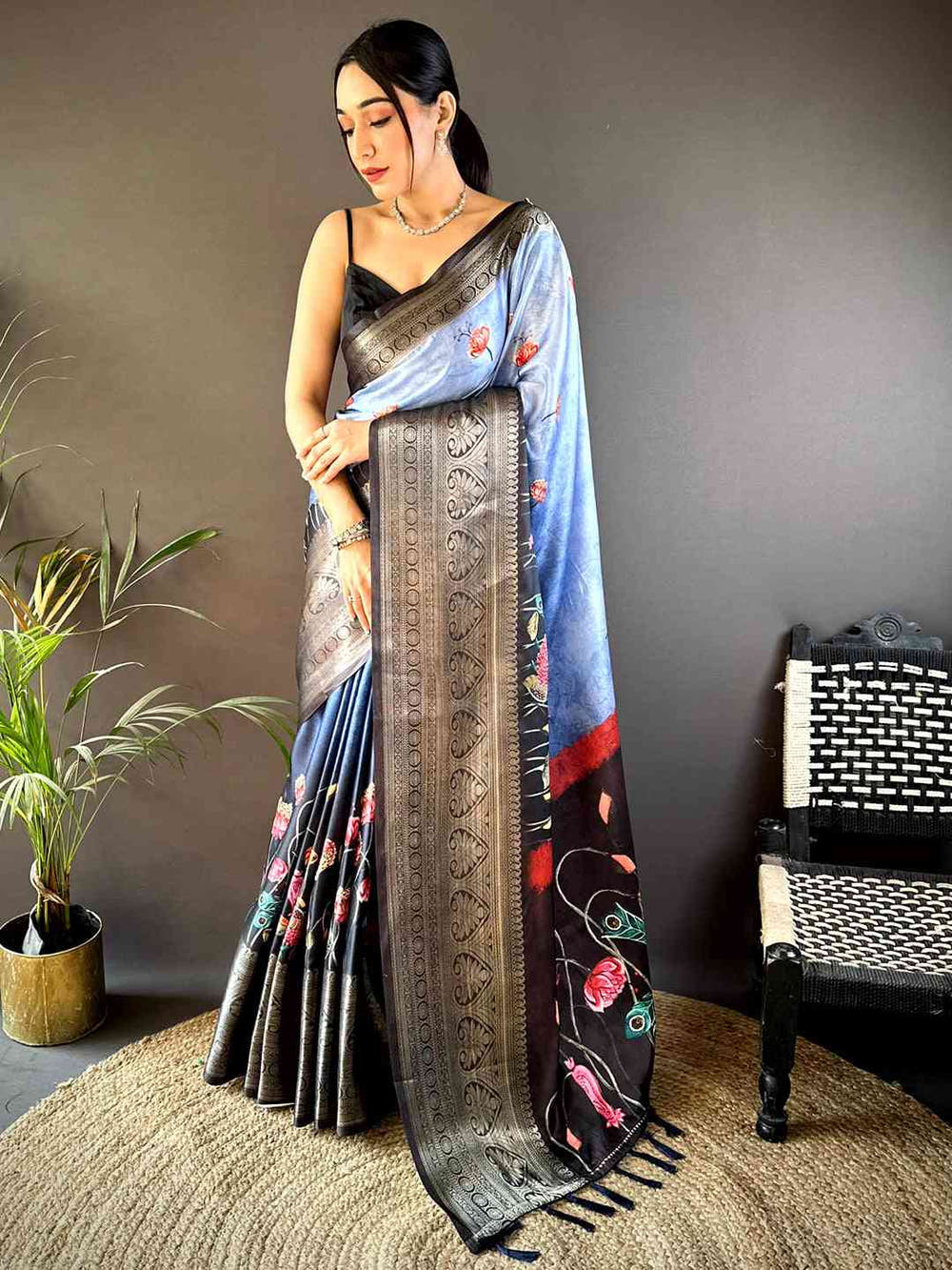 Serene Blue Soft Silk Floral Ombre Print Saree