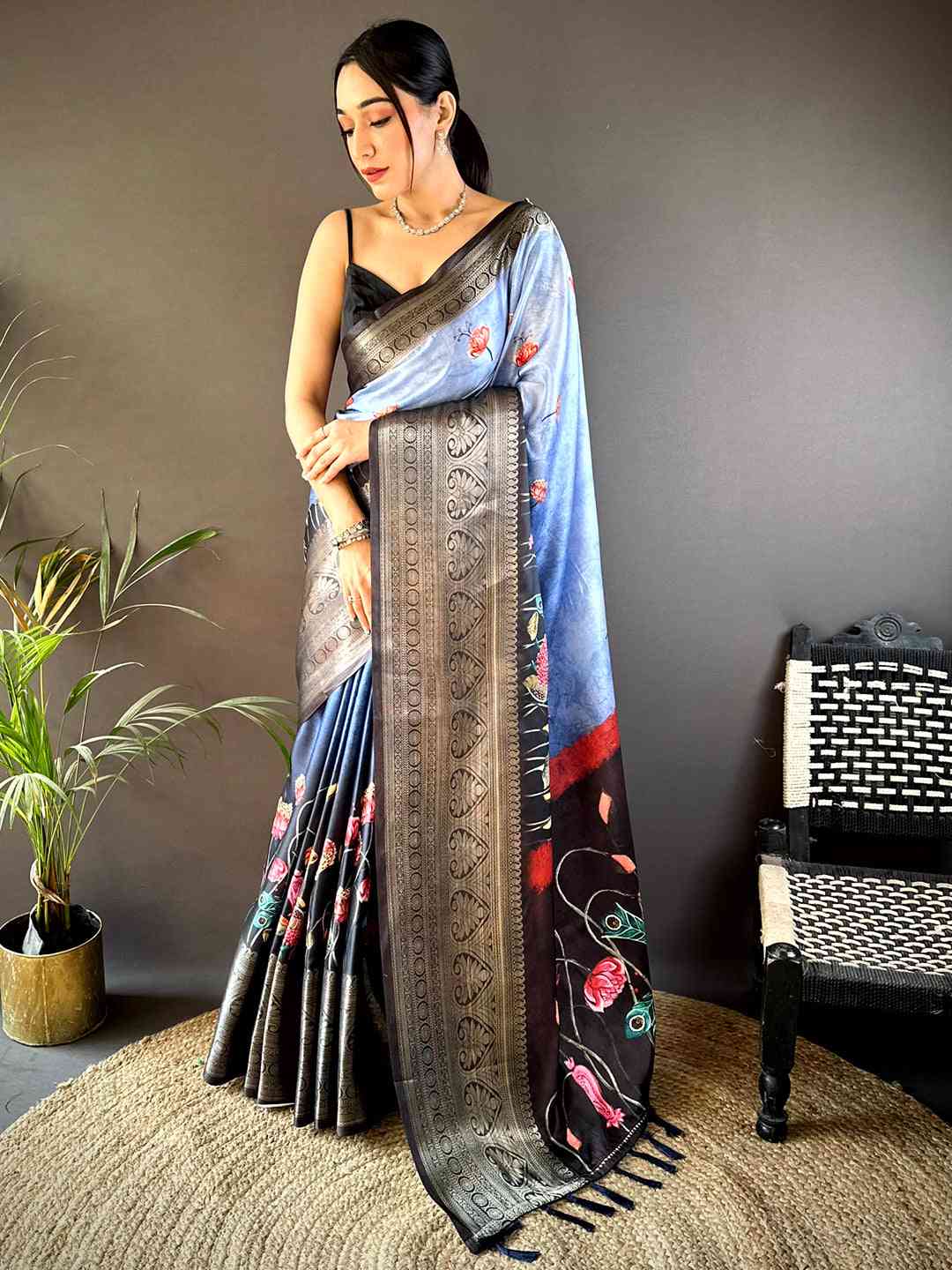 Serene Blue Soft Silk Floral Ombre Print Saree