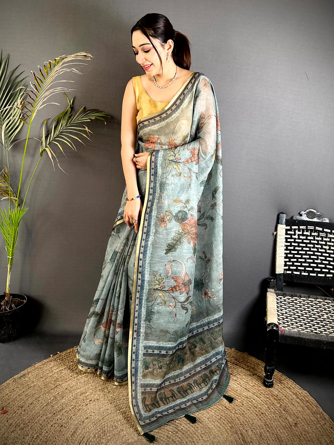 Regal Dark Floral Linen Saree


