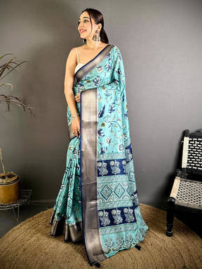 Aqua Soft Dola Silk Floral Kanchi Border Saree