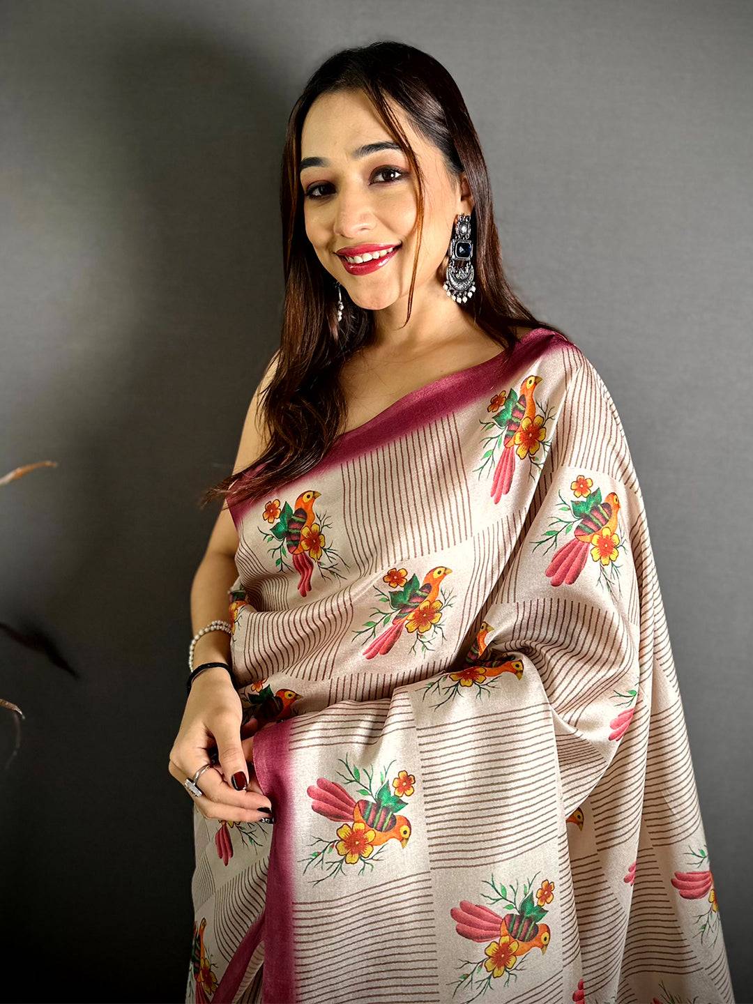 Madhubani Bird Pallu Tussar Saree