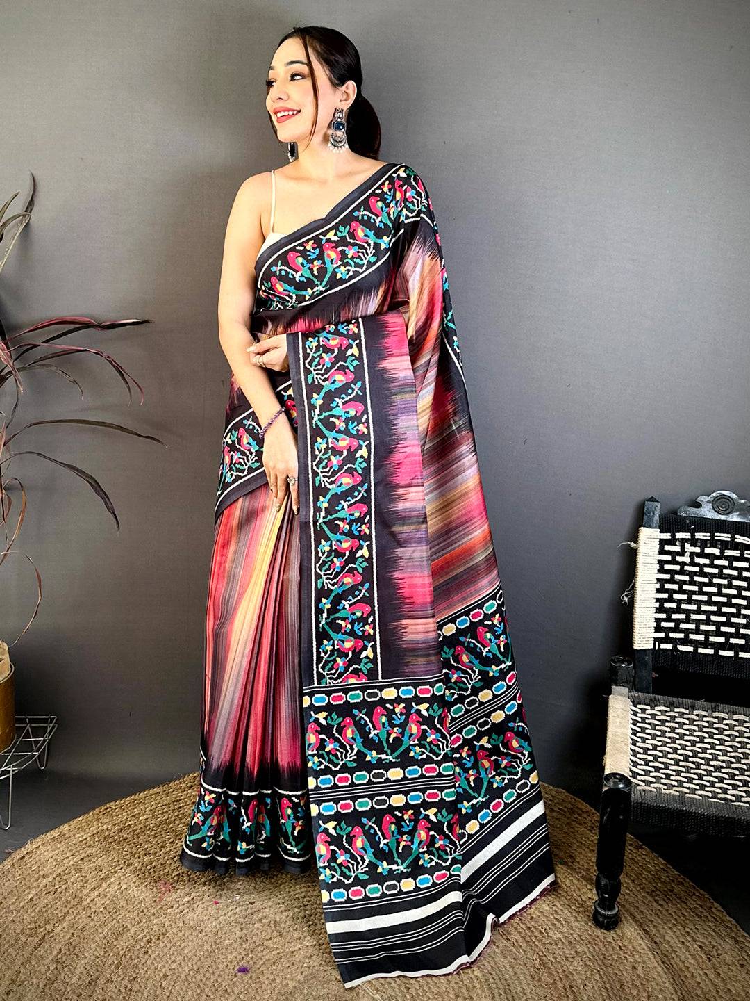Regal Parrot Ikkat Print Tussar Saree