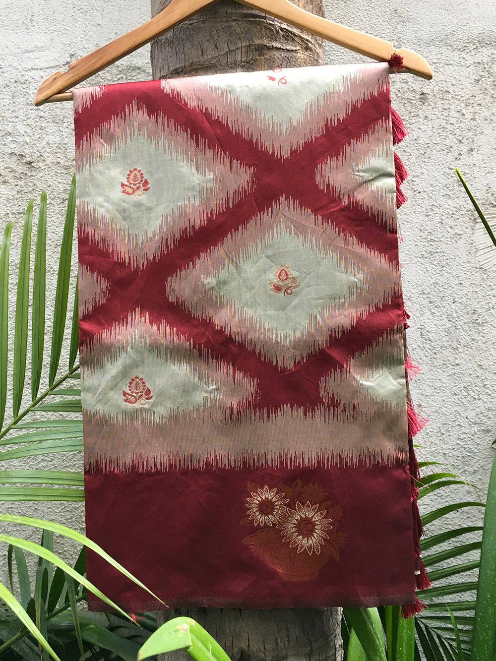 Maroon Tussar Silk Ikkat Weaving Saree

