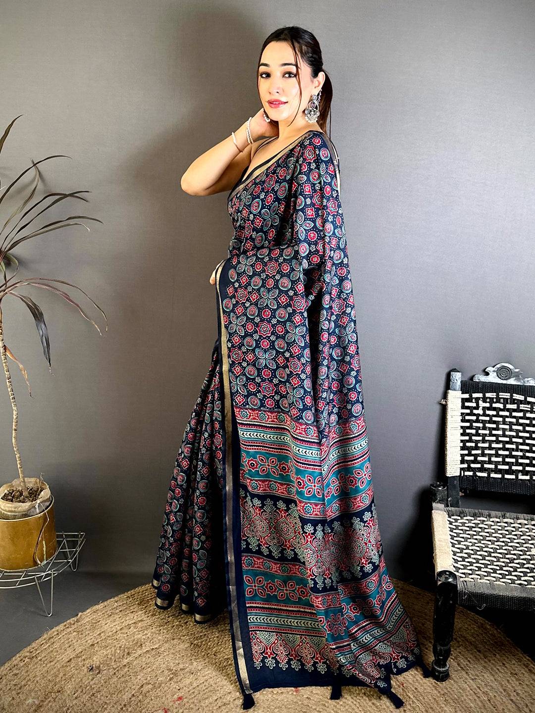 Navy Mul Cotton Ajrak Vintage Print Saree