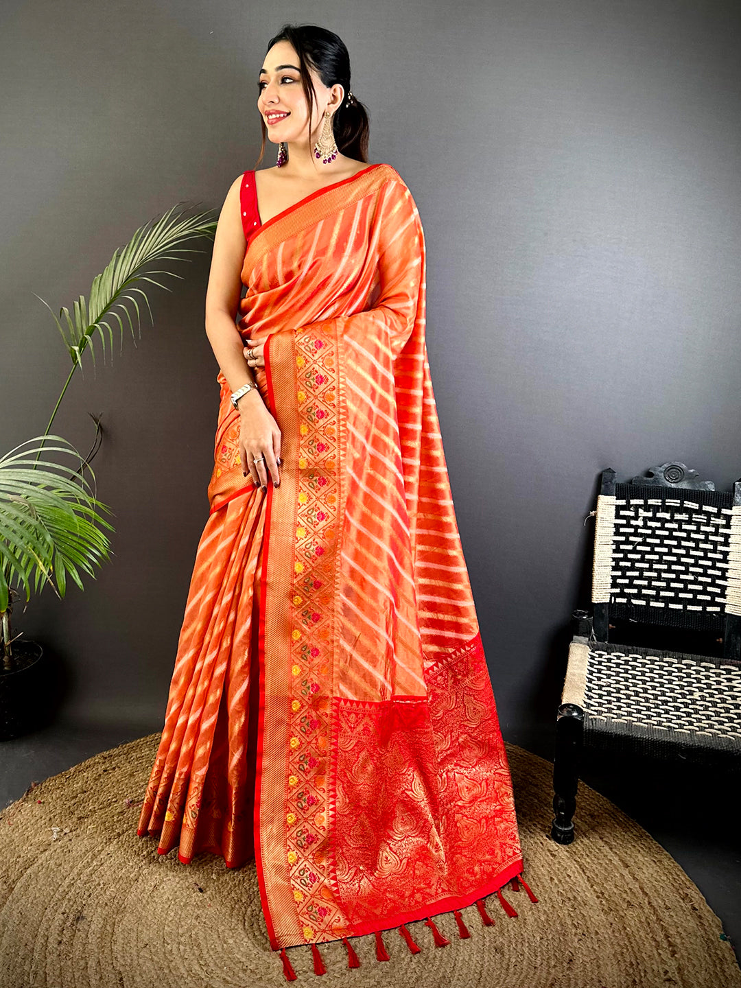Peach Banarasi Lehriya Katan Silk Saree