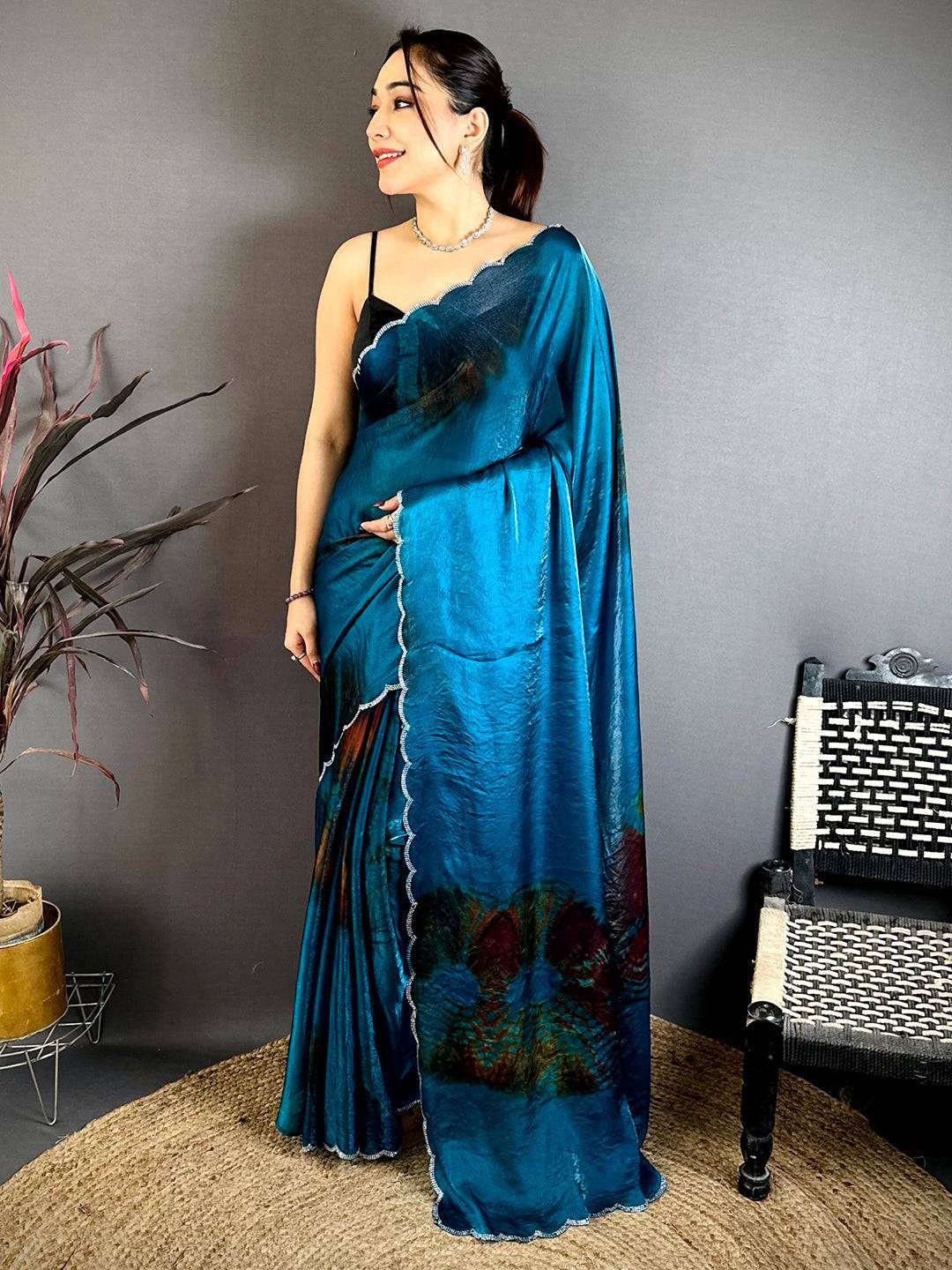Navy Shibori Satin Tissue Saree