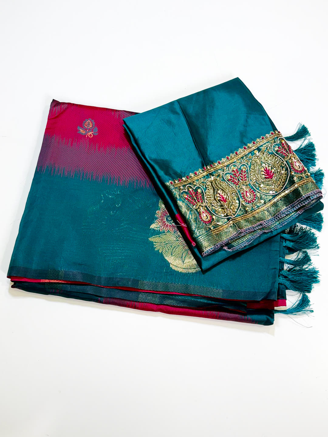 Rani Tussar Silk Ikkat Weaving Saree With Maggam Blouse