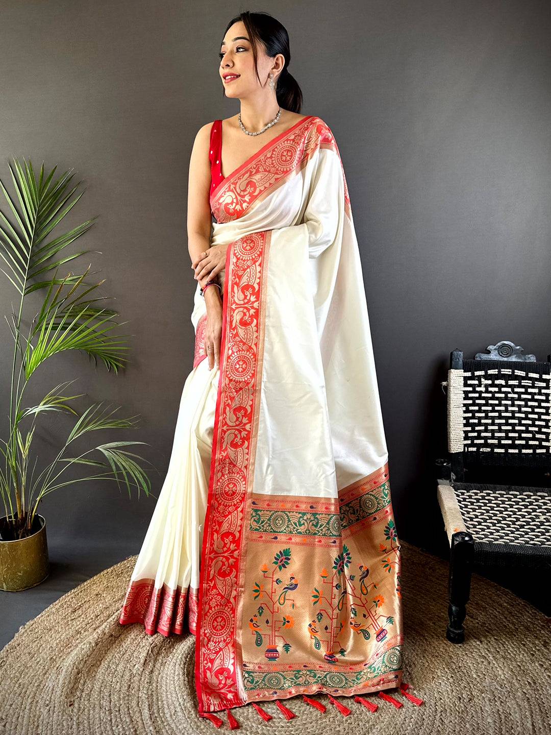 White Soft Silk Yevla Pathani Saree