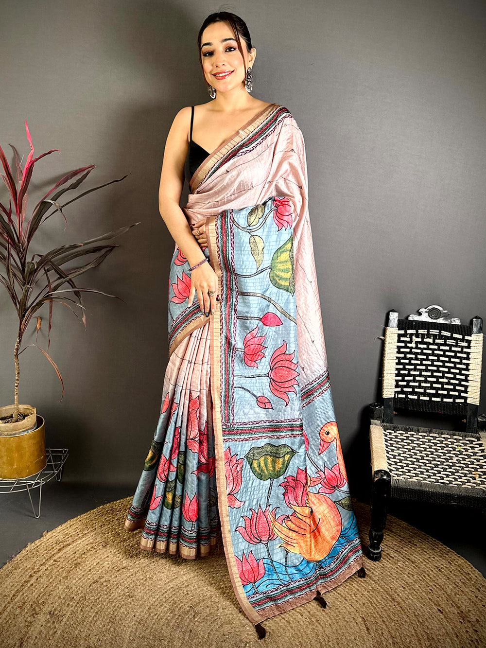 Radiant Madhubani Katha Effect Tussar Saree