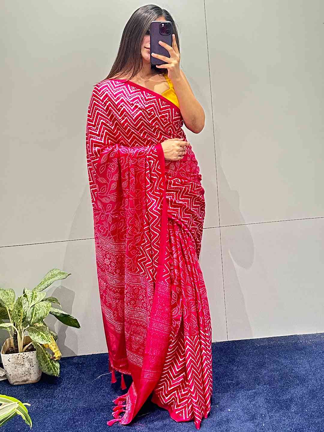 Manipuri Silk Saree with vibrant foil print, full-length view