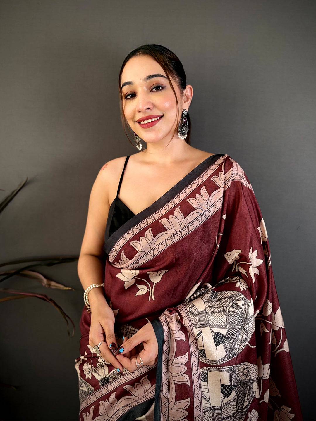 Elegant Maroon Kalamkari Printed Tussar Saree