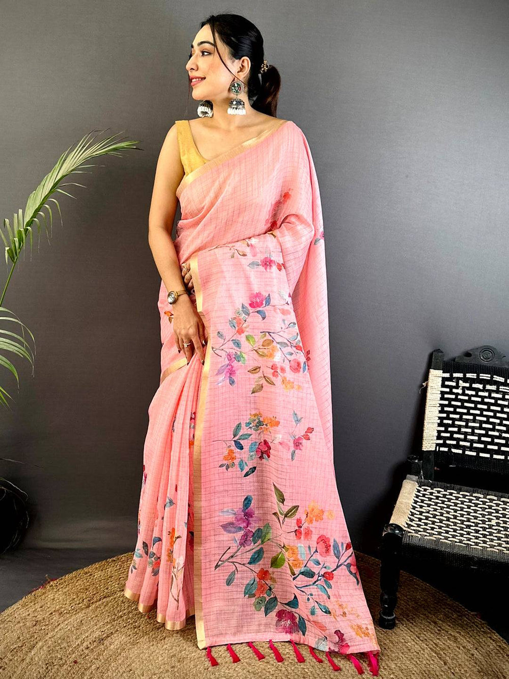 Rose Pink Linen Chex Floral Saree
