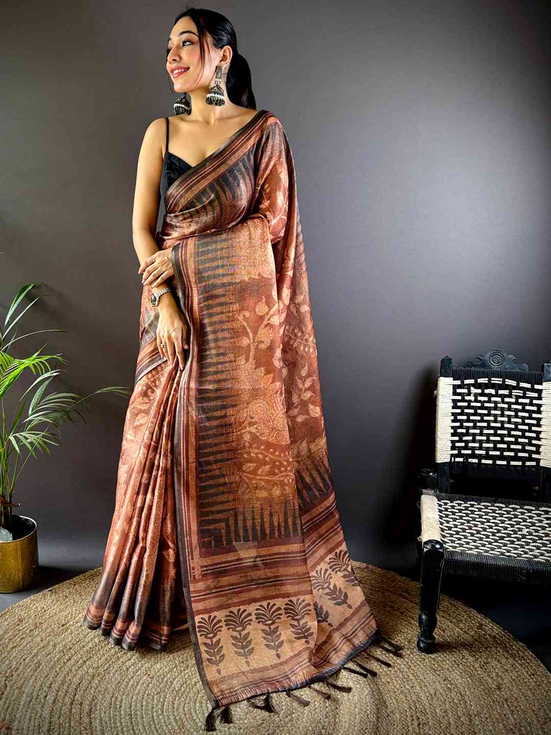 Coffee Brown Floral Stripes Tissue Saree