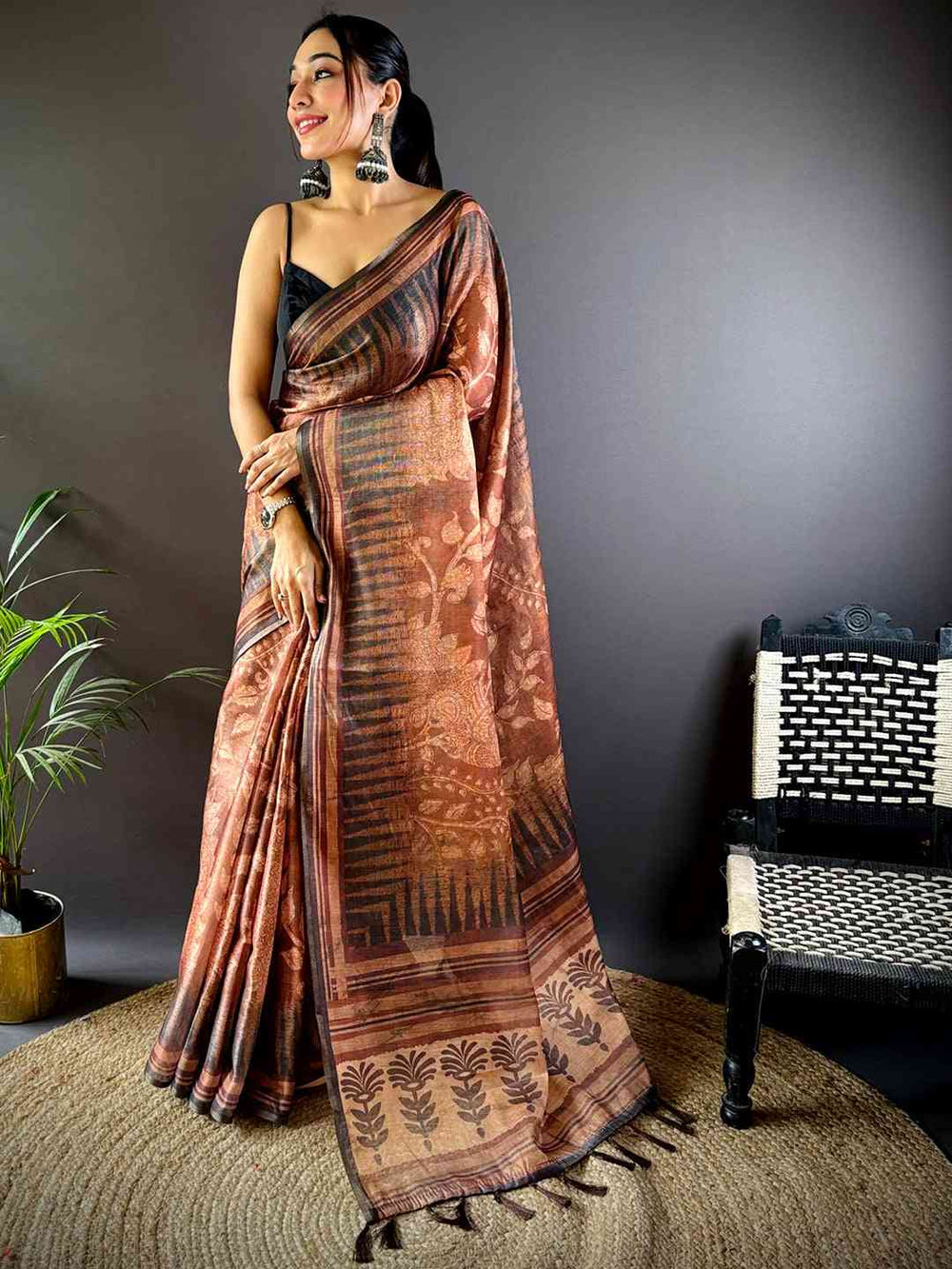 Coffee Brown Floral Stripes Tissue Saree