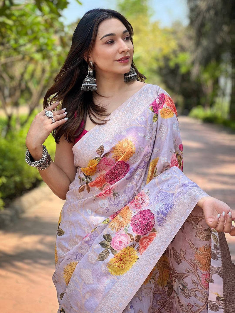 Lavender Lakhnavi Bandla Zari Weaving Saree

