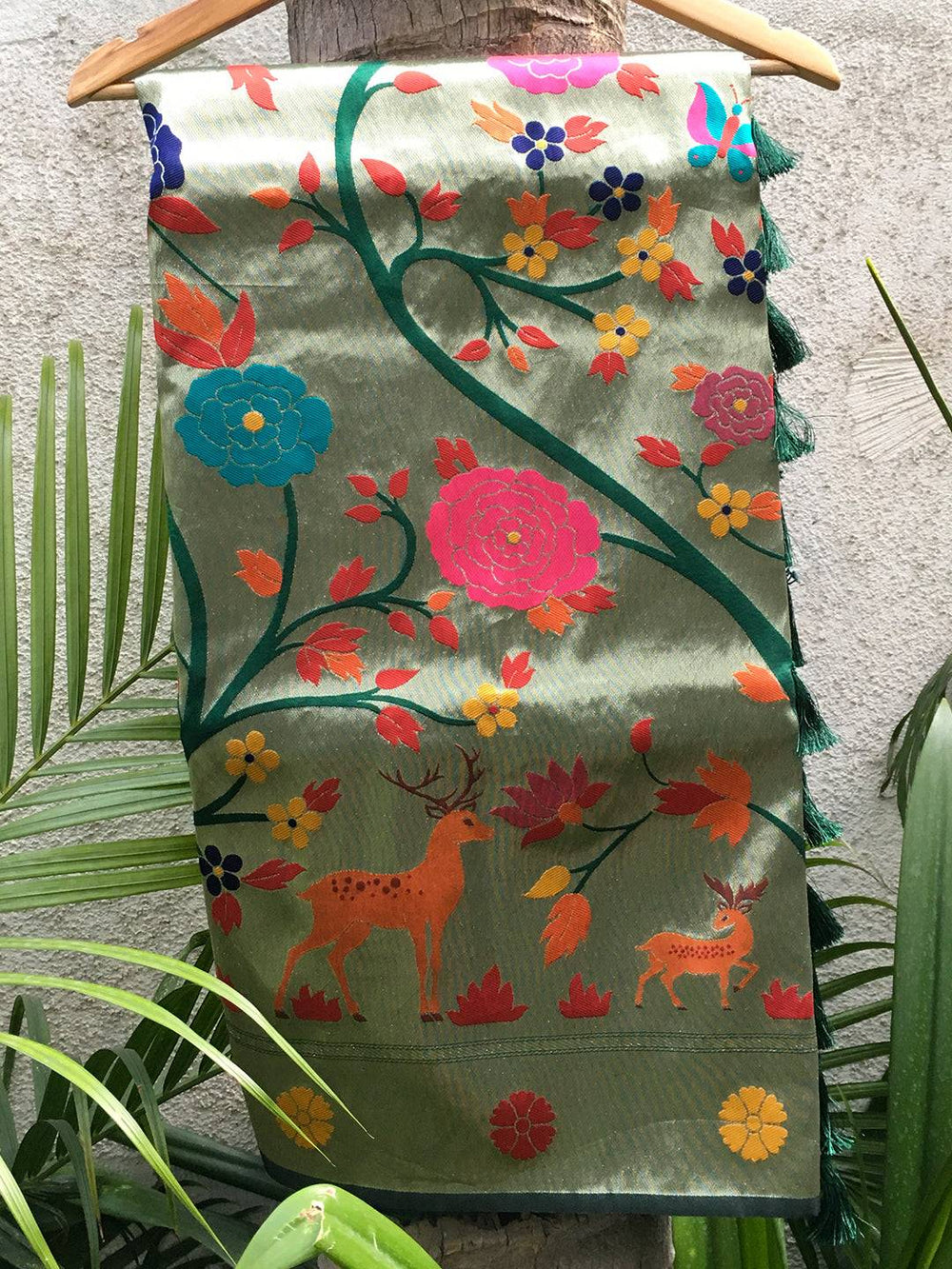 Forest Green Meenakari Work Paithani Saree with floral and deer motifs