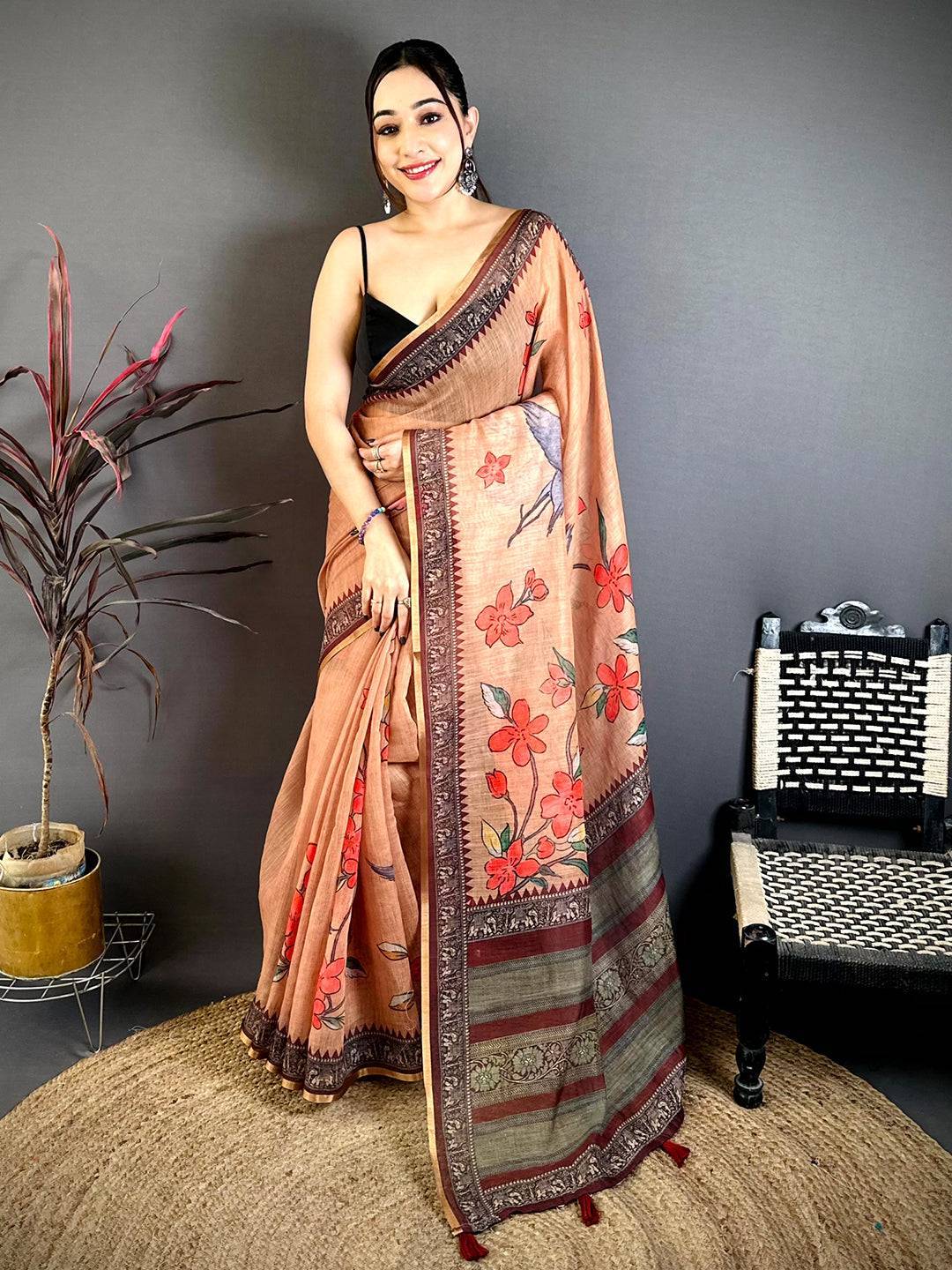 Radiance Linen Floral Kalamkari Saree