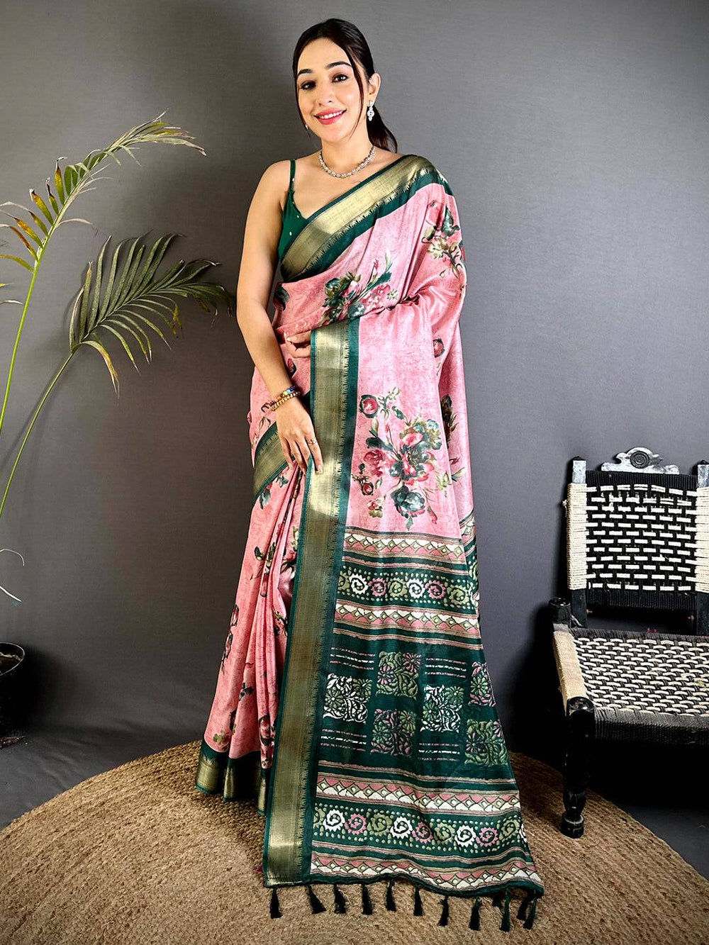 Majestic Pink Floral Dola Silk Saree