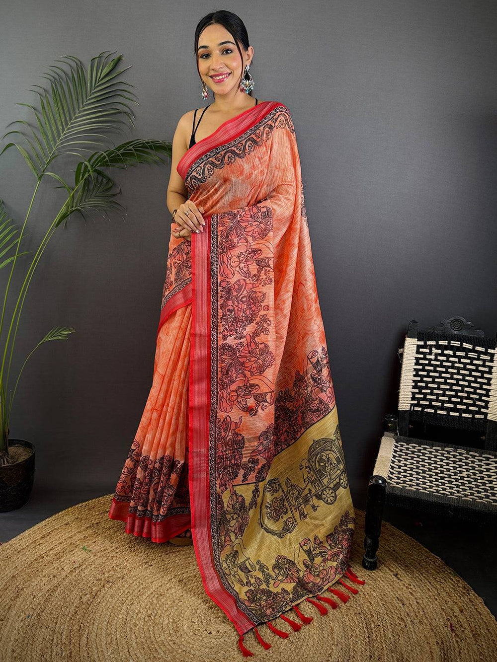 Red Linen Kalamkari Printed Saree