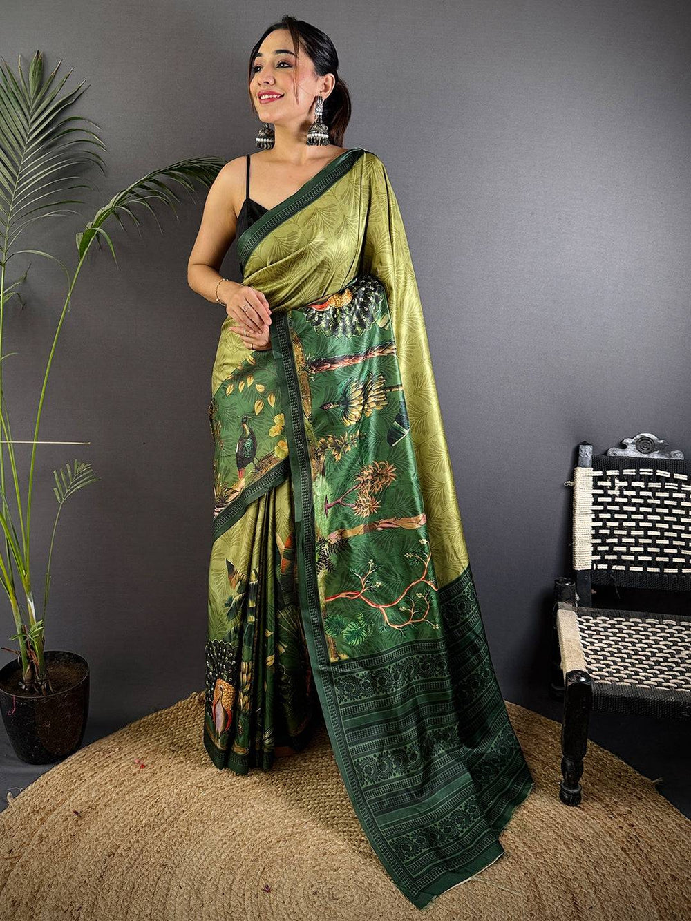 Vibrant Green Soft Dola Silk Printed Saree