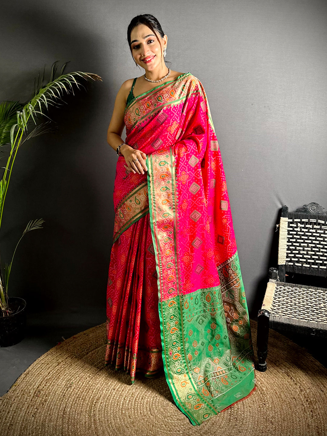 Pink Soft Silk Saree With Patola Weaving