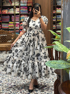 Pearl White Puff Sleeves Dress with floral pattern