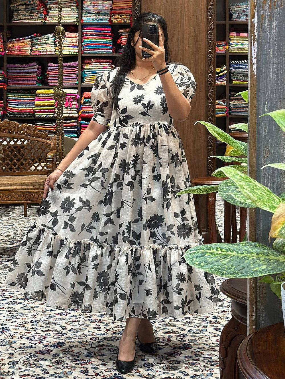 Pearl White Puff Sleeves Dress with floral pattern