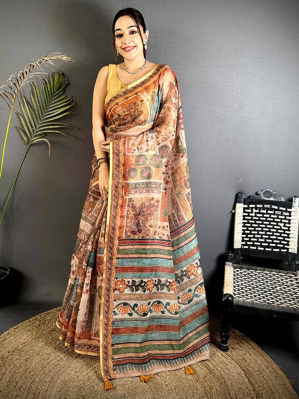 Heritage Minakari Kalamkari Linen Saree