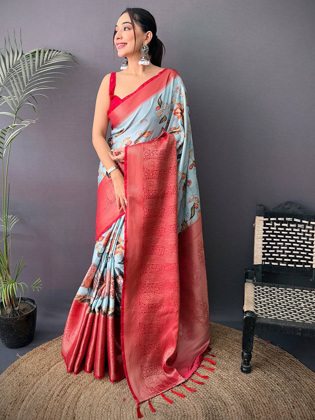 Heritage Cherry Satin Kalamkari Printed Saree
