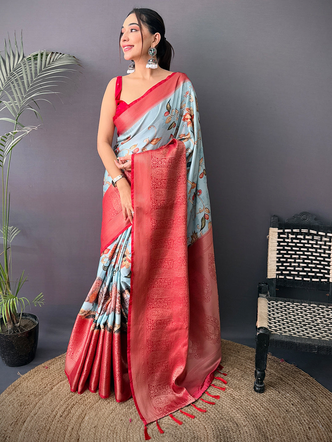 Heritage Cherry Satin Kalamkari Printed Saree