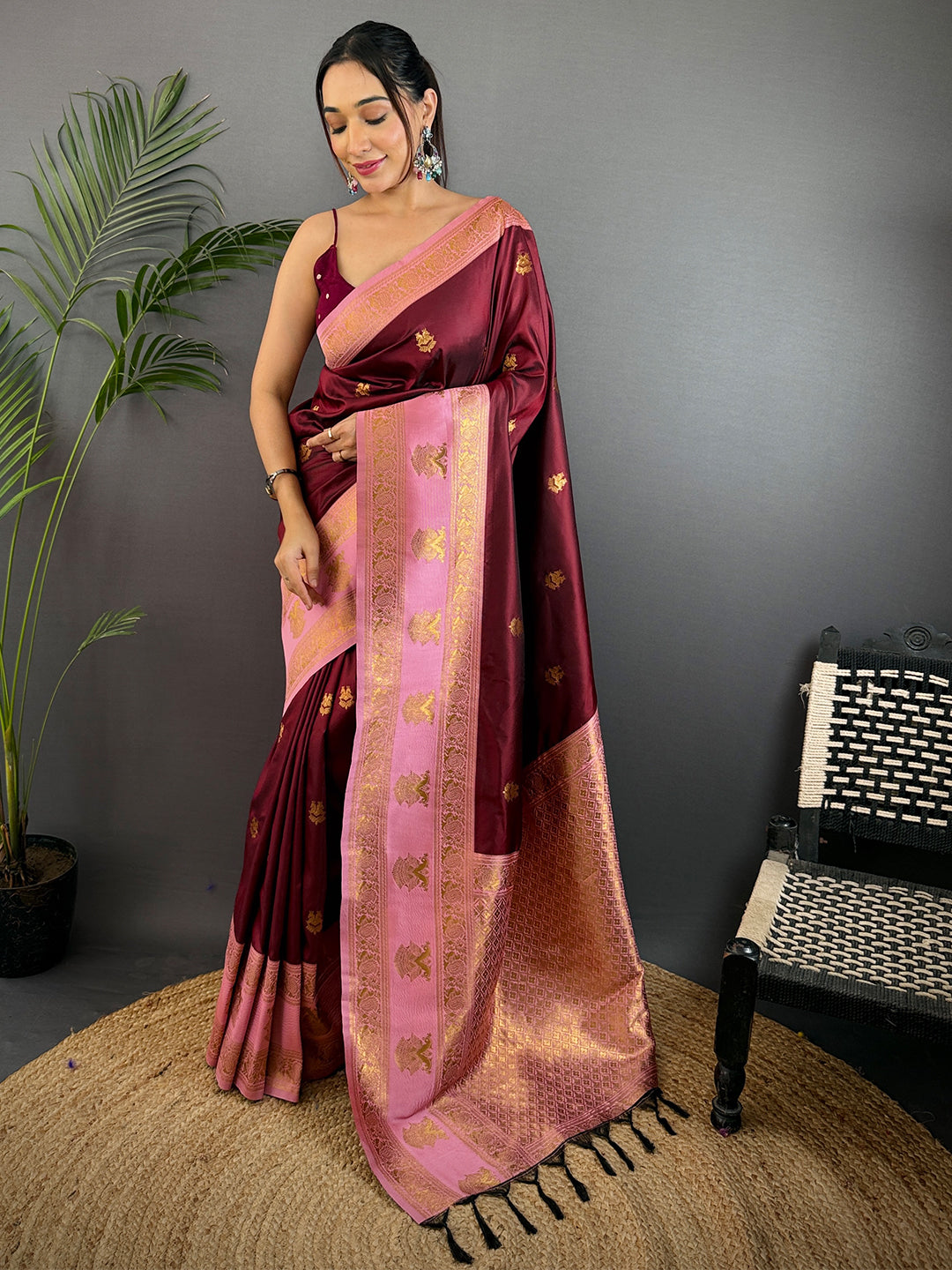 Brown Soft Gadwal Silk Saree With Maggam Blouse