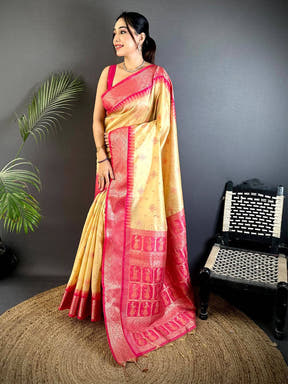 Cream Crystal Raw Silk Kanchi Pattu Saree

