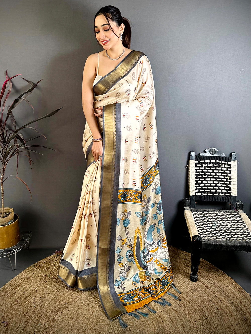 Black Soft Dola Silk Warli Print Saree